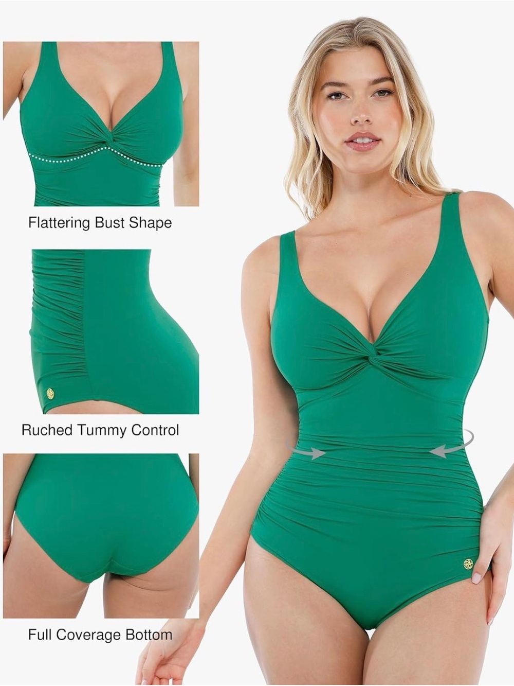 Popilush- Women’s Green Ruched One-Piece Swimsuit -